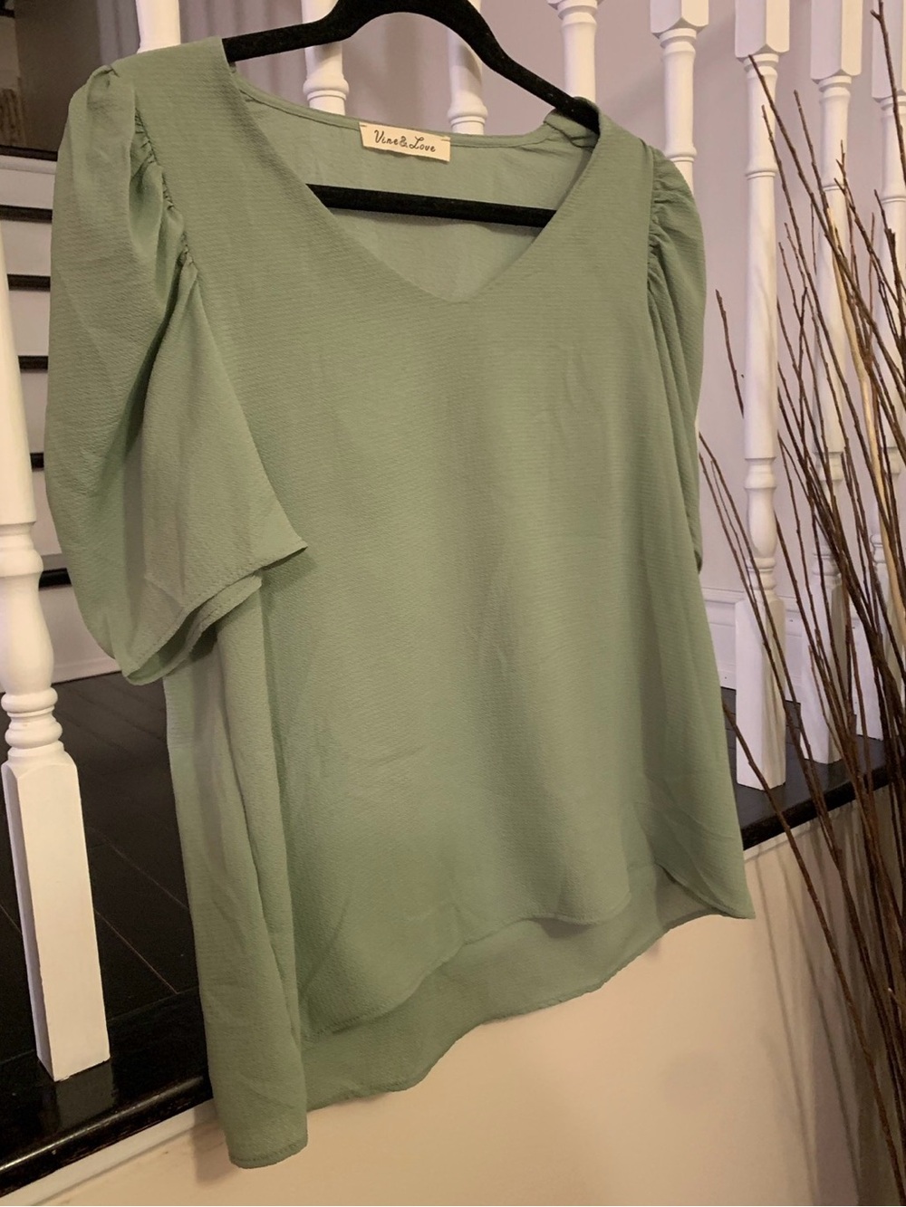 Vine & Love Light Sage Green V-Neck Puff Sleeve Blouse